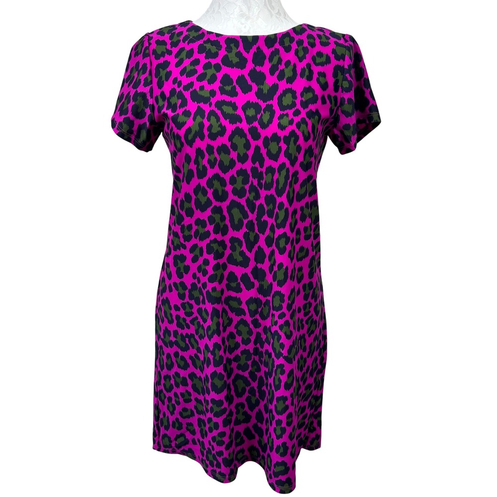 Jude Connally Pink Leopard Print Short Sleeve Crewneck Shift Mini Dress Women XS